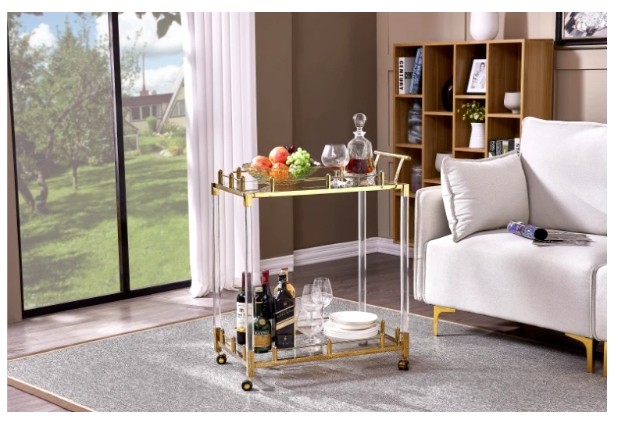 Square Clear acrylic rolling storage cart with shinny brass frame